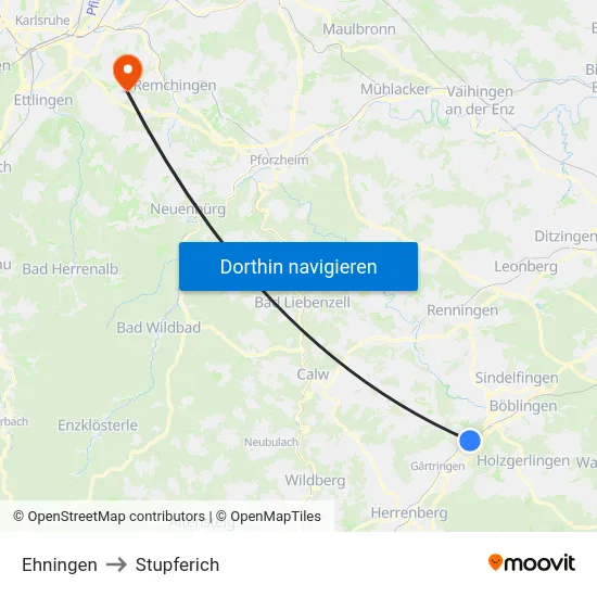 Ehningen to Stupferich map