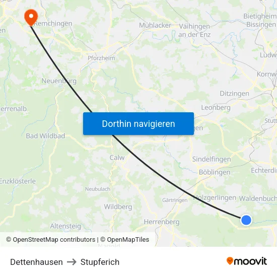 Dettenhausen to Stupferich map