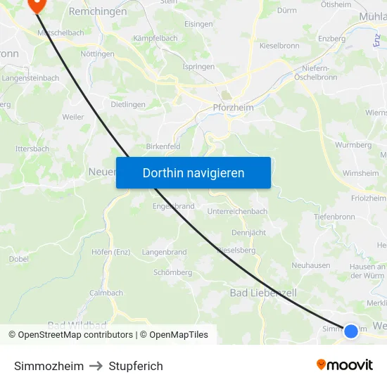 Simmozheim to Stupferich map
