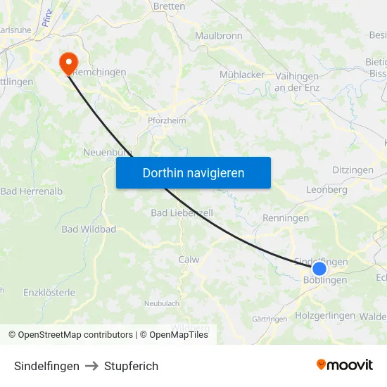 Sindelfingen to Stupferich map