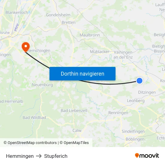 Hemmingen to Stupferich map