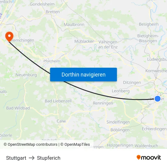 Stuttgart to Stupferich map