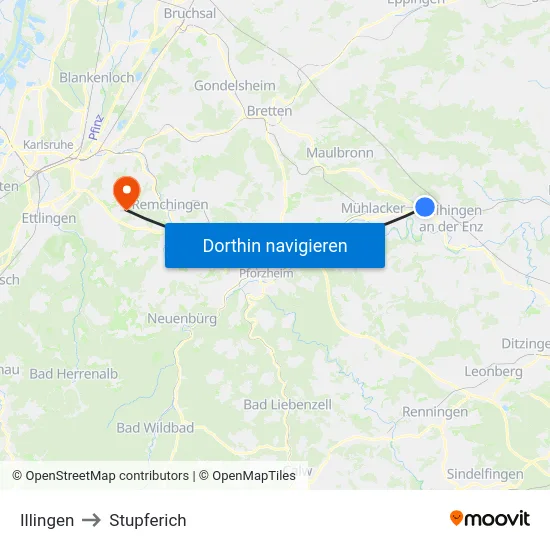 Illingen to Stupferich map
