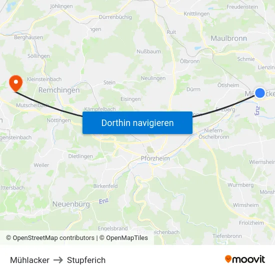Mühlacker to Stupferich map