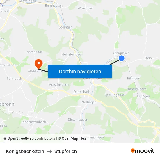 Königsbach-Stein to Stupferich map