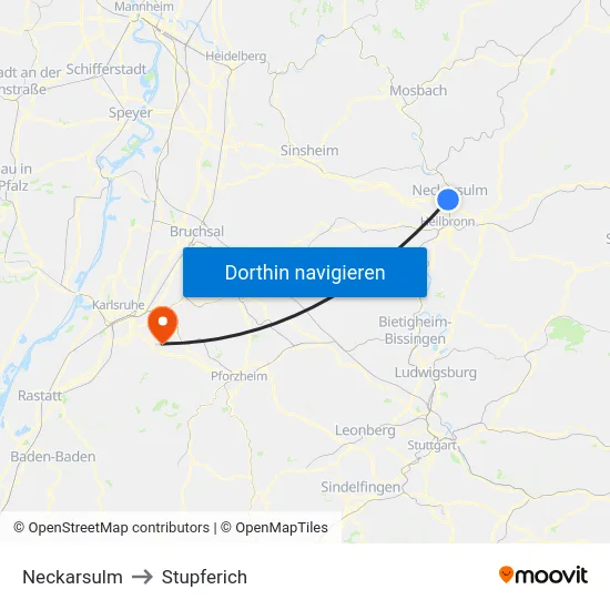 Neckarsulm to Stupferich map