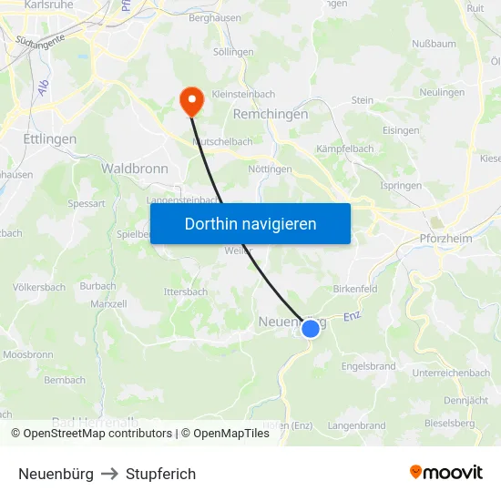 Neuenbürg to Stupferich map