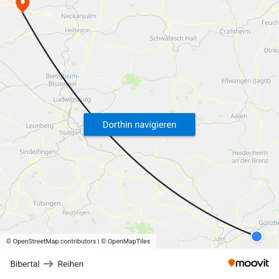 Bibertal to Reihen map