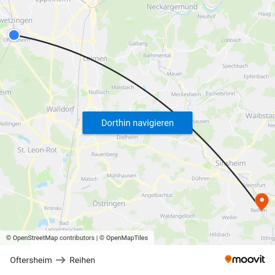 Oftersheim to Reihen map