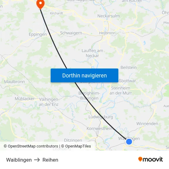 Waiblingen to Reihen map