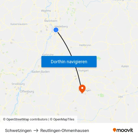 Schwetzingen to Reutlingen-Ohmenhausen map