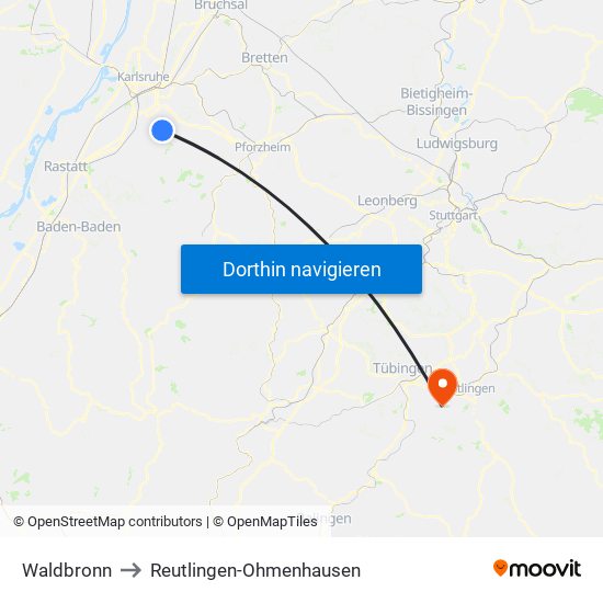 Waldbronn to Reutlingen-Ohmenhausen map