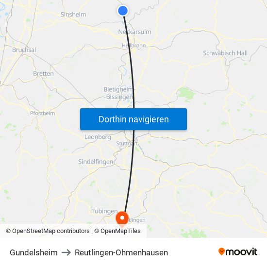 Gundelsheim to Reutlingen-Ohmenhausen map