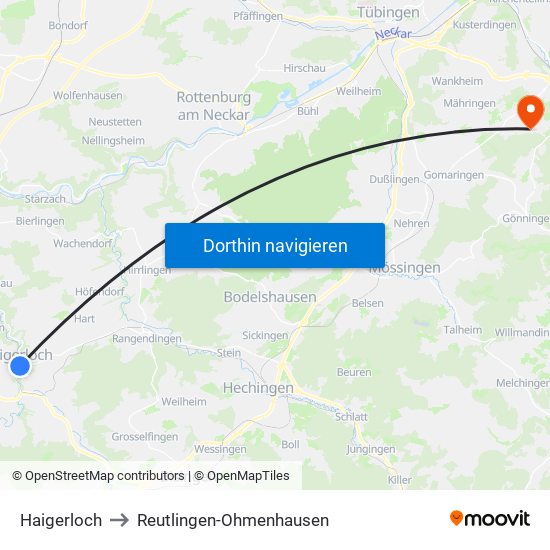 Haigerloch to Reutlingen-Ohmenhausen map