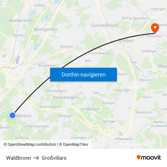 Waldbronn to Großvillars map