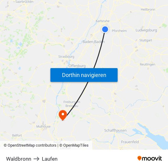 Waldbronn to Laufen map