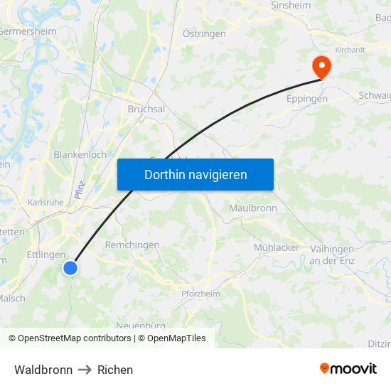 Waldbronn to Richen map