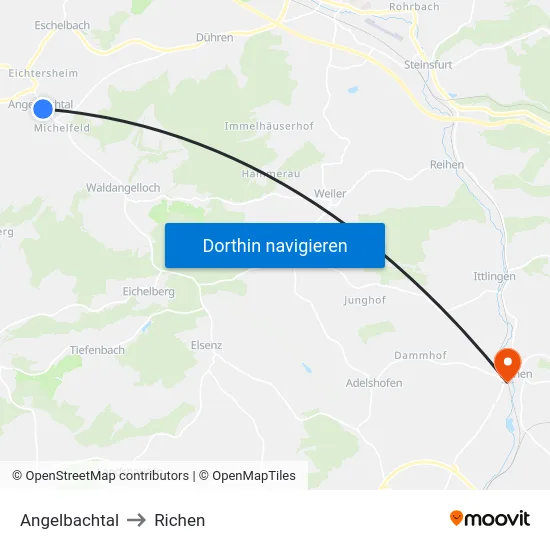 Angelbachtal to Richen map