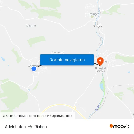 Adelshofen to Richen map