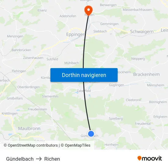 Gündelbach to Richen map