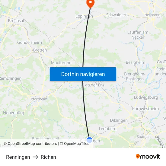 Renningen to Richen map