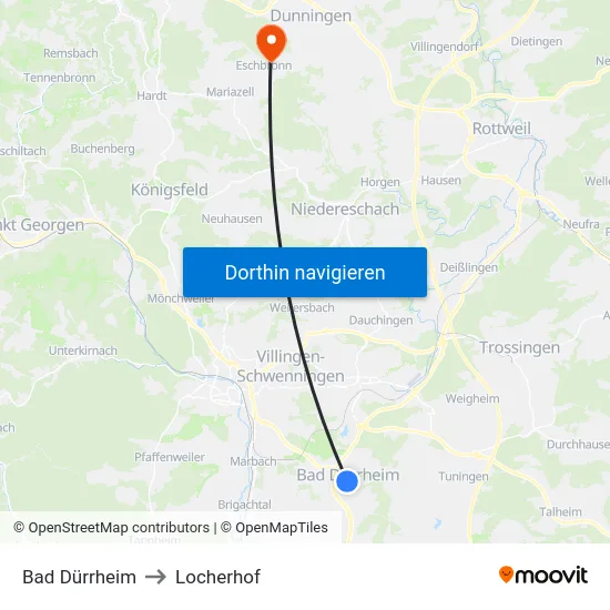 Bad Dürrheim to Locherhof map