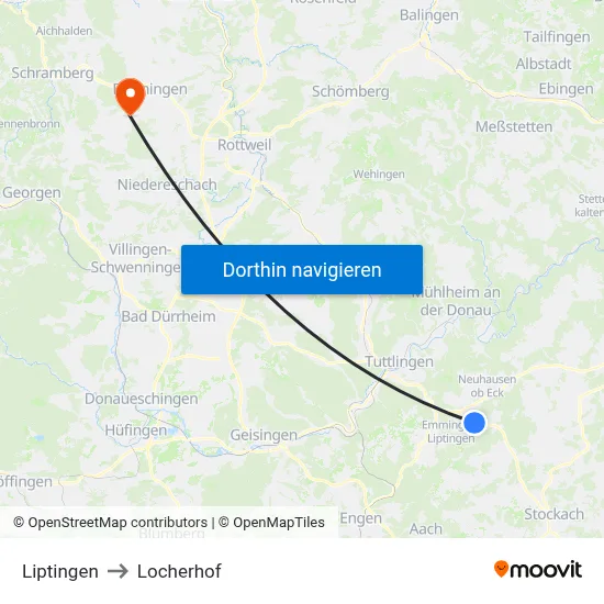 Liptingen to Locherhof map