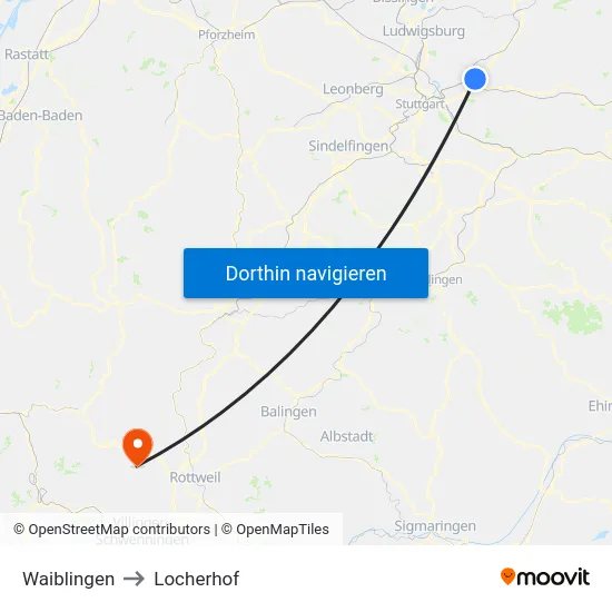 Waiblingen to Locherhof map