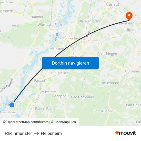 Rheinmünster to Neibsheim map