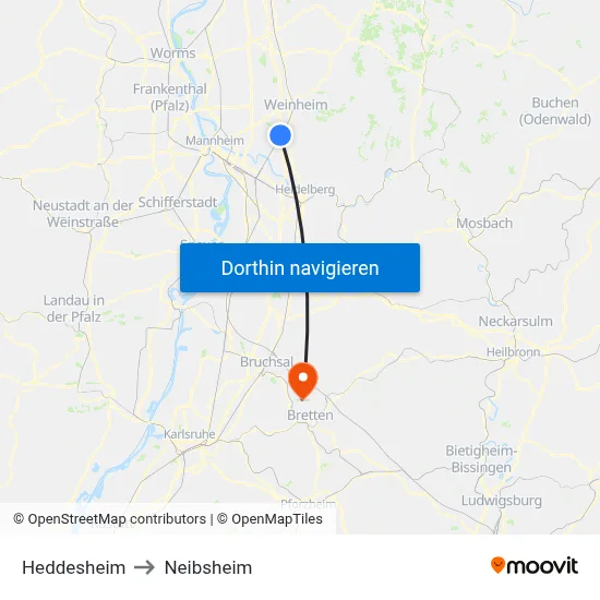 Heddesheim to Neibsheim map