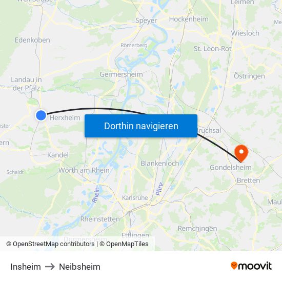 Insheim to Neibsheim map