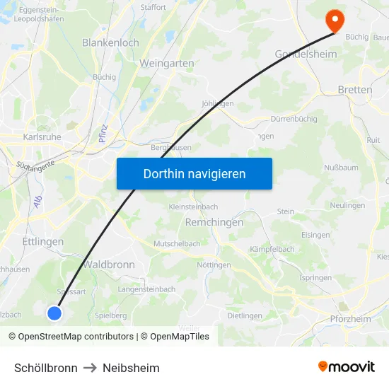 Schöllbronn to Neibsheim map