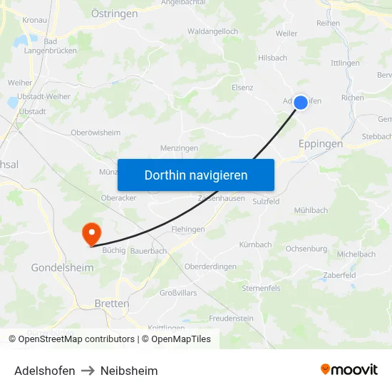Adelshofen to Neibsheim map