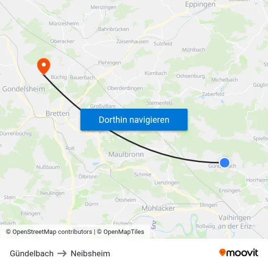 Gündelbach to Neibsheim map