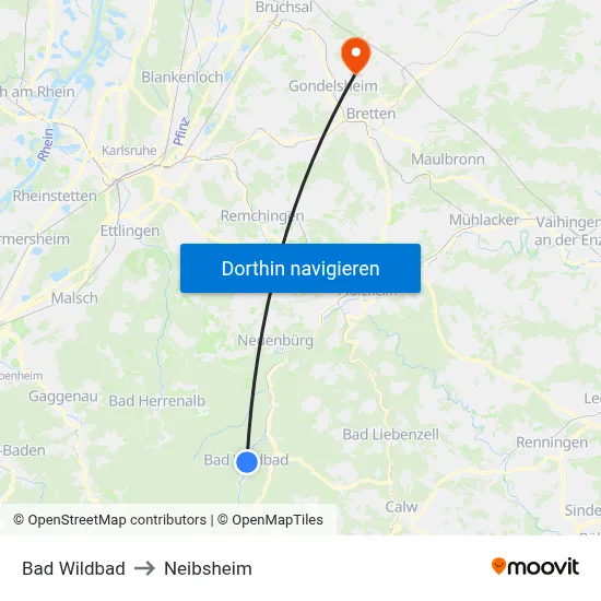 Bad Wildbad to Neibsheim map