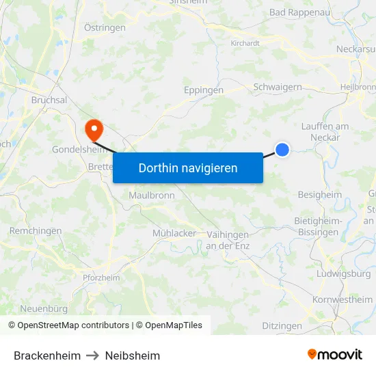 Brackenheim to Neibsheim map