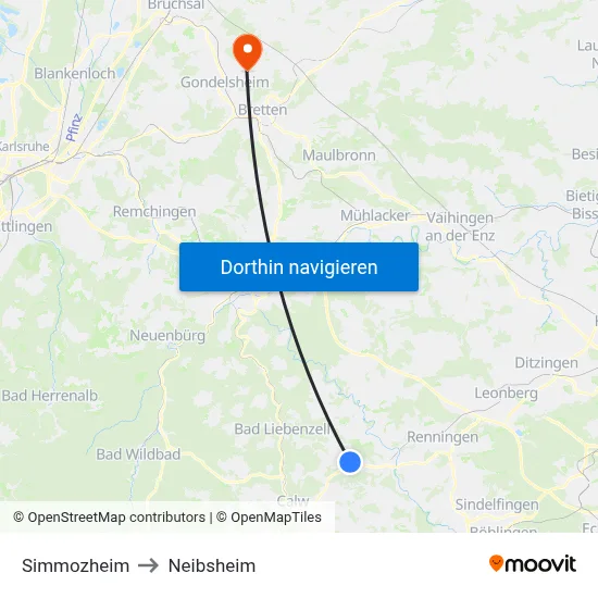 Simmozheim to Neibsheim map