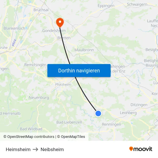 Heimsheim to Neibsheim map