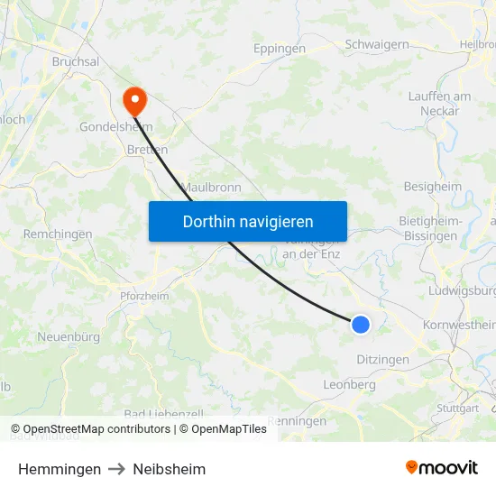 Hemmingen to Neibsheim map