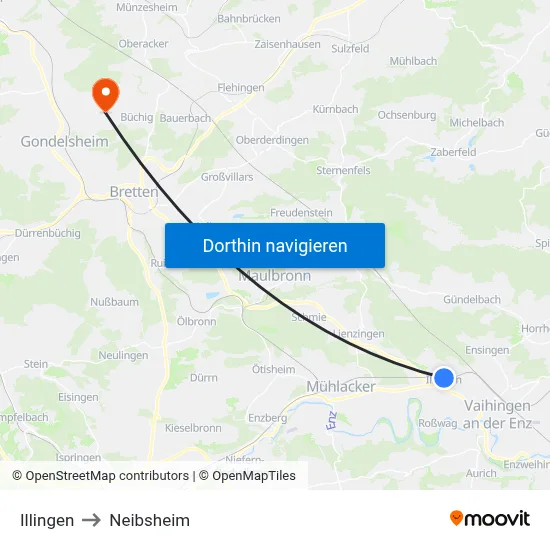 Illingen to Neibsheim map