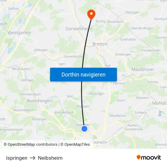Ispringen to Neibsheim map
