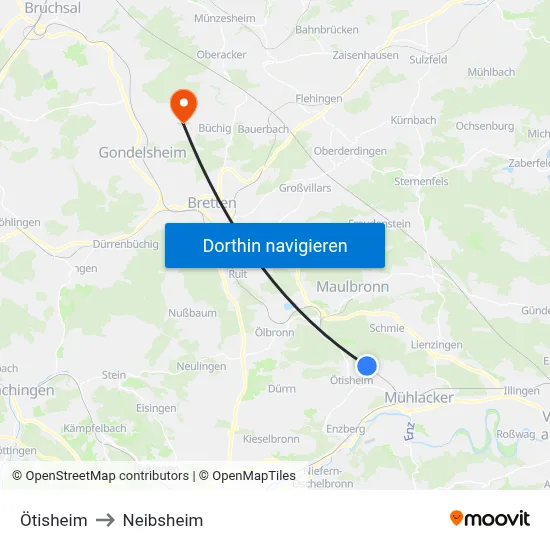 Ötisheim to Neibsheim map