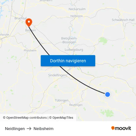 Neidlingen to Neibsheim map