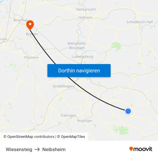 Wiesensteig to Neibsheim map