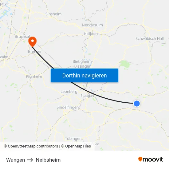 Wangen to Neibsheim map