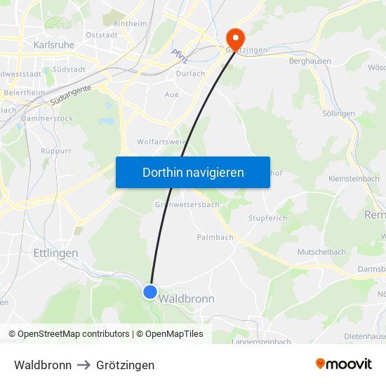 Waldbronn to Grötzingen map