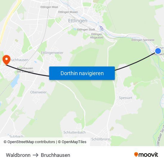 Waldbronn to Bruchhausen map