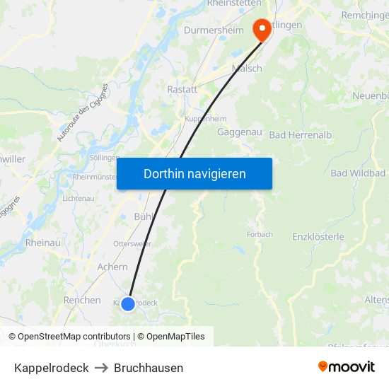 Kappelrodeck to Bruchhausen map