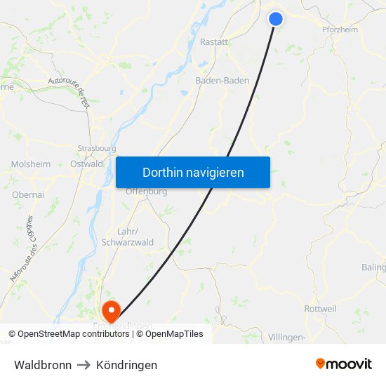 Waldbronn to Köndringen map