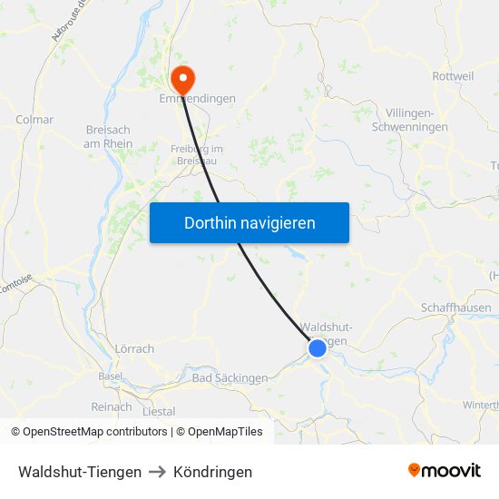 Waldshut-Tiengen to Köndringen map